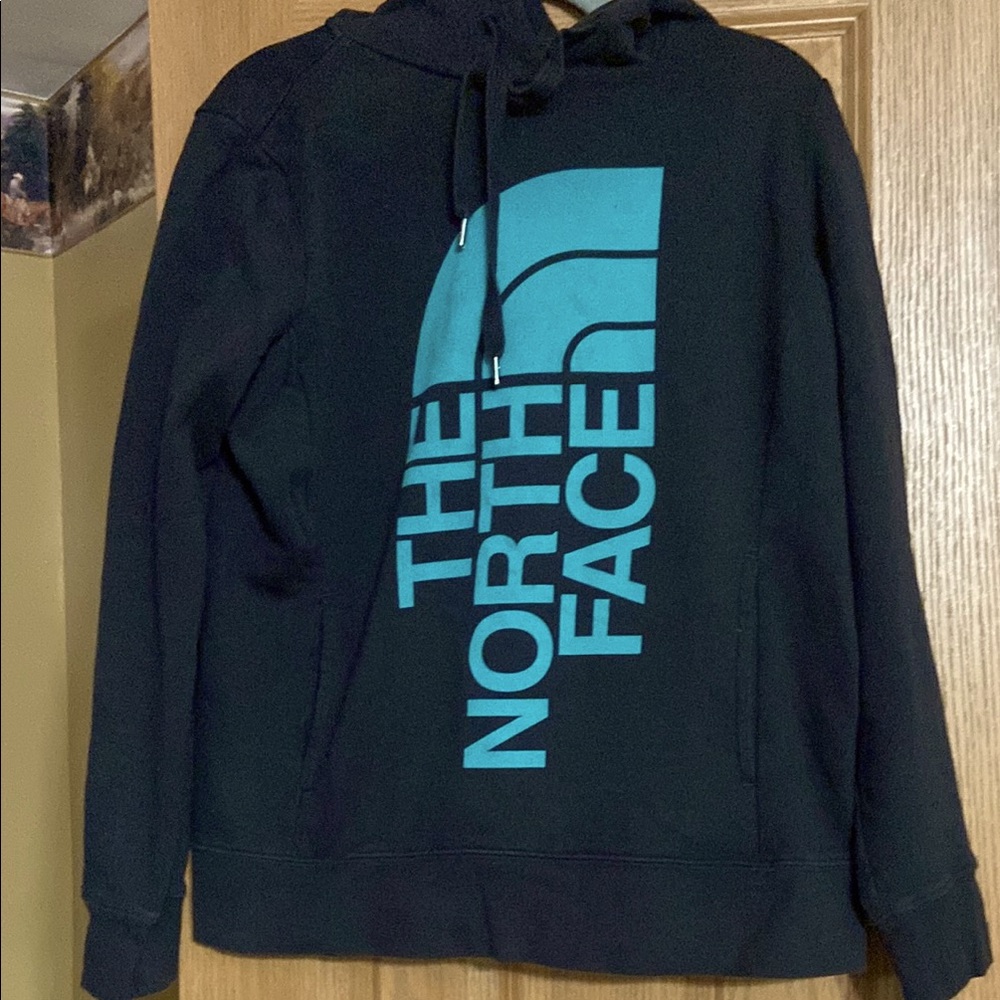 Black north face hoodie with turquoise logo on the front EUC